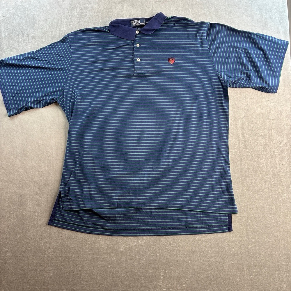 VTG Polo Ralph Lauren Polo‎ Shirt Men's XL Navy Green Striped Crest Logo